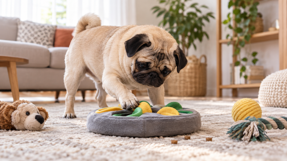 Pug playing a gentle indoor enrichment game at home