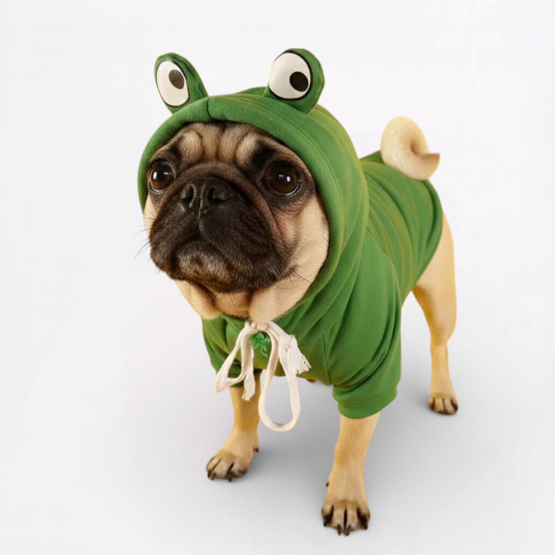 Pug wearing a cozy hoodie for cooler fall weather