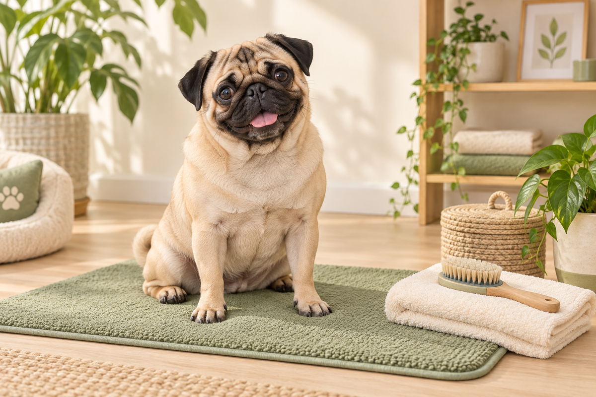 A fawn pug on a green mat beside a towel, brush and storage basket.