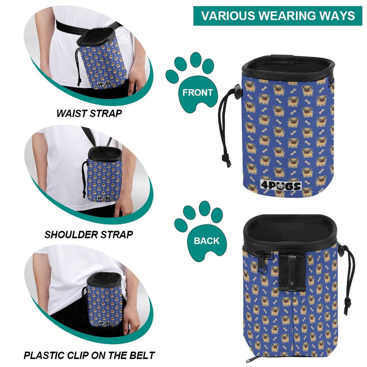 Pepper - Pug Treat Training Pouch | Portable Bait Bag with Waist Clip