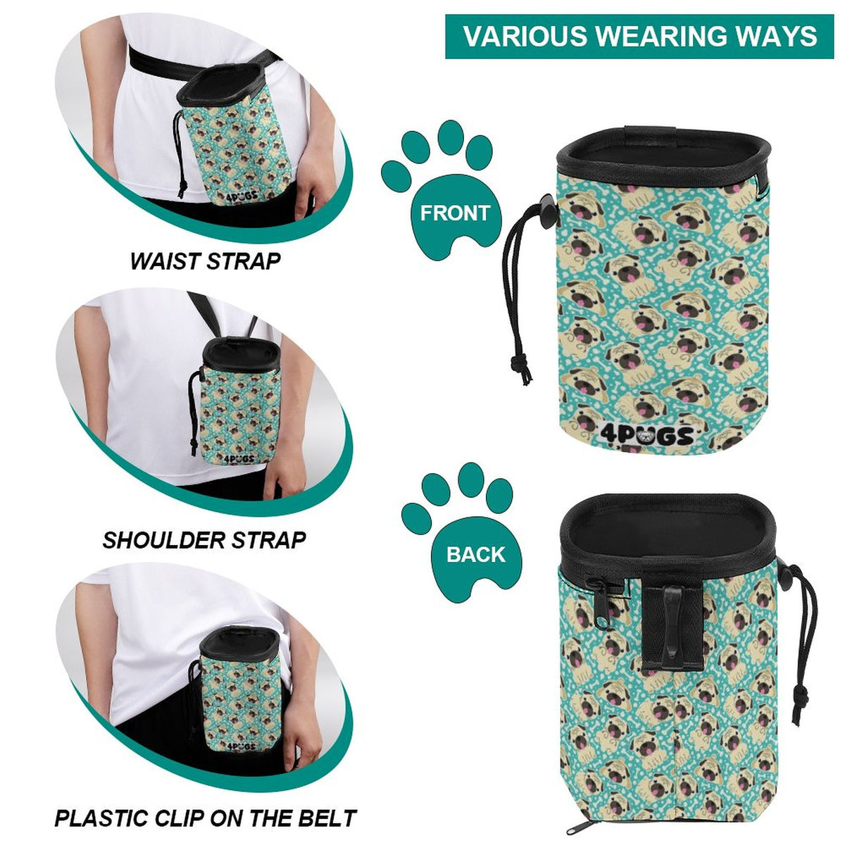 Rosie - Pug Treat Training Pouch | Portable Bait Bag with Waist Clip