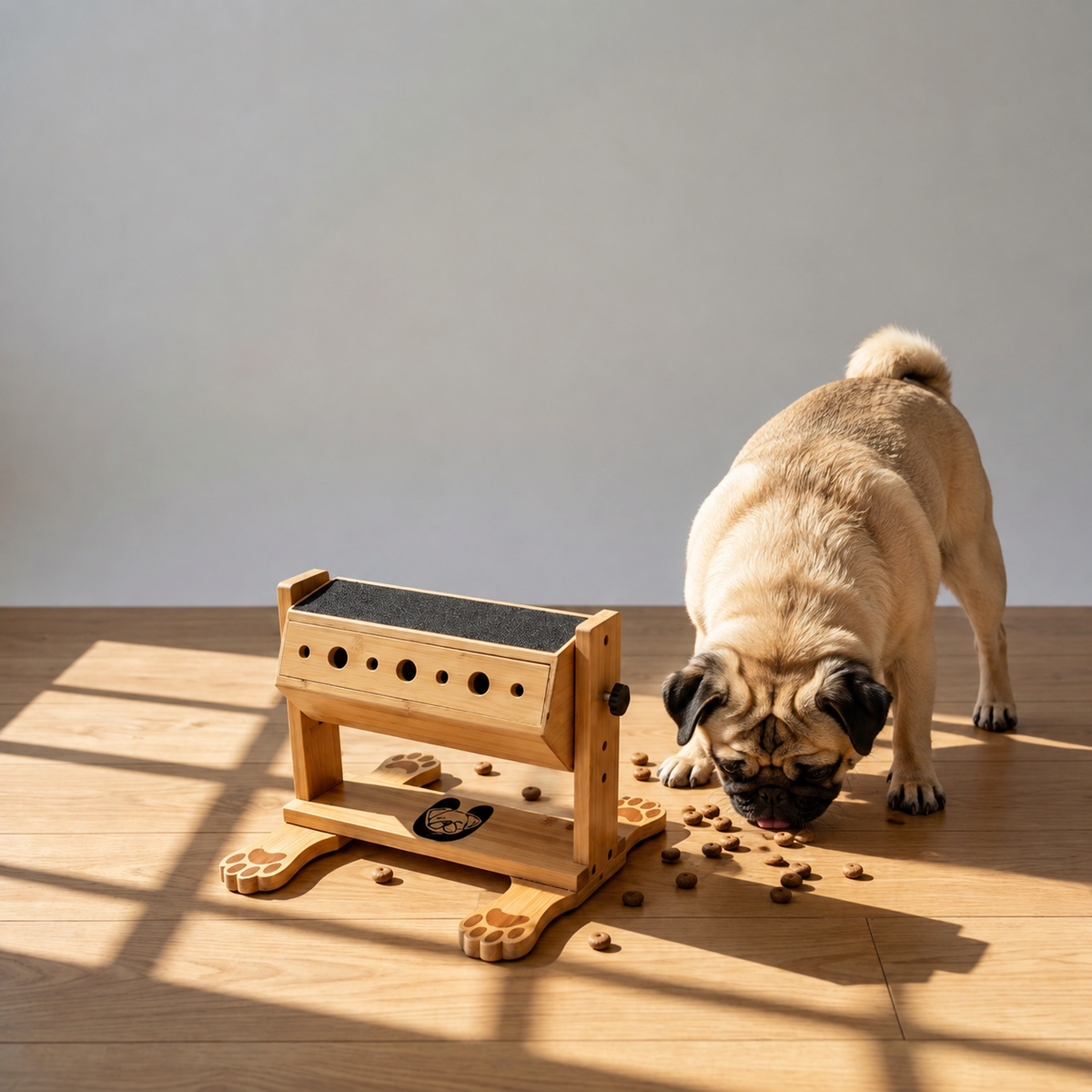 Pawzzle™ Pug Wooden Puzzle Feeder & Scratching Board – Adjustable Interactive Treat Toy