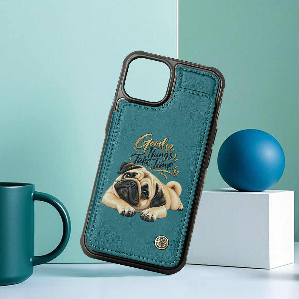 Blue - Pug Leather Wallet Phone Case