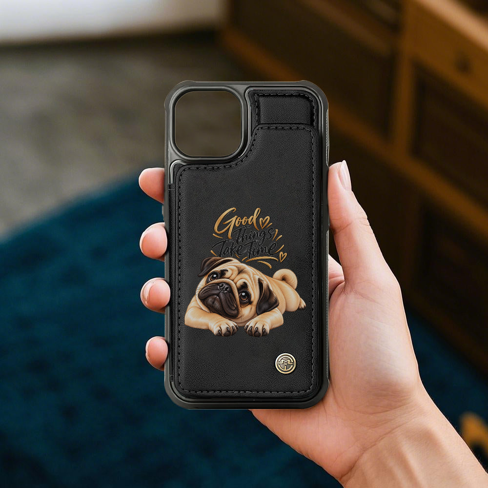 Blue - Pug Leather Wallet Phone Case