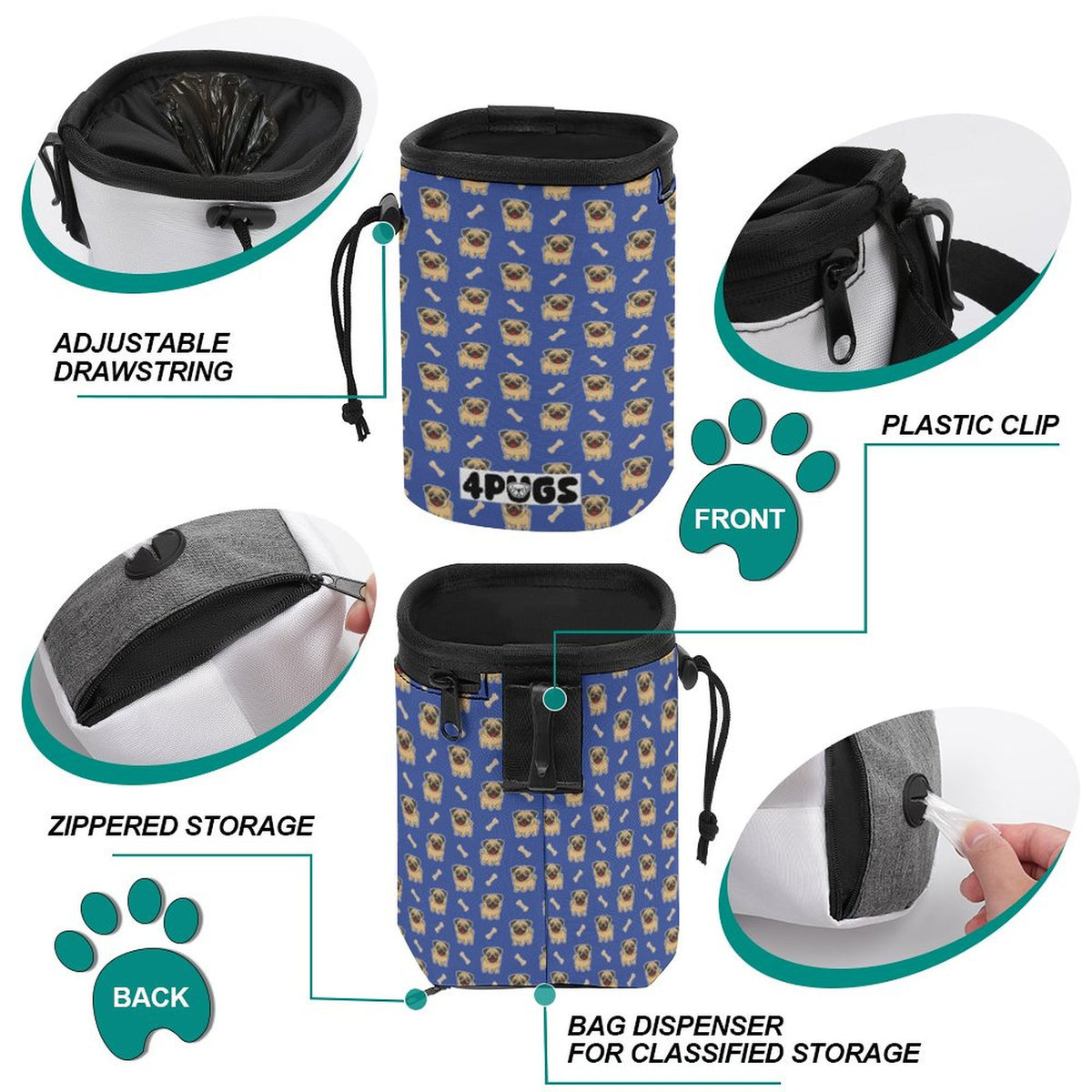 Pepper - Pug Treat Training Pouch | Portable Bait Bag with Waist Clip