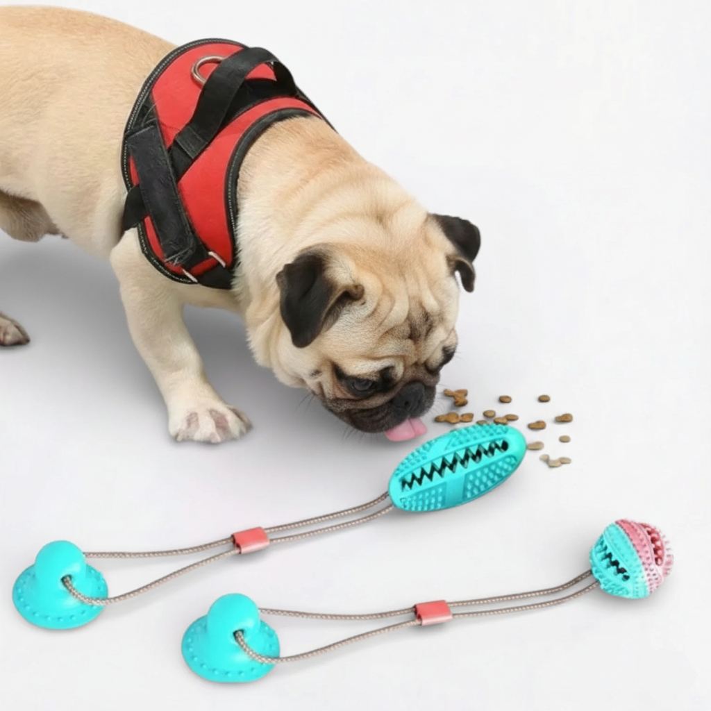 Gripzy Pug Suction TugToy – Interactive Treat-Dispensing Chew Dental Toys
