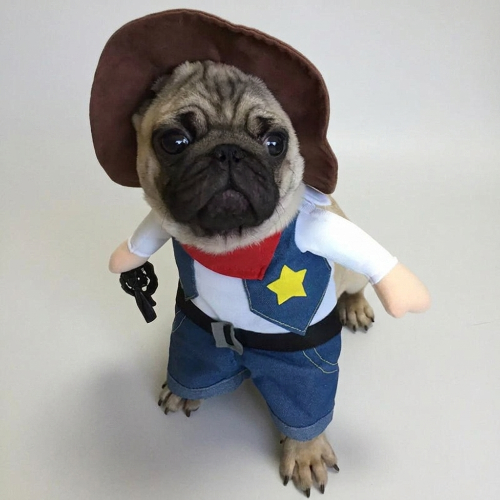 pug in cowboy costume with hat