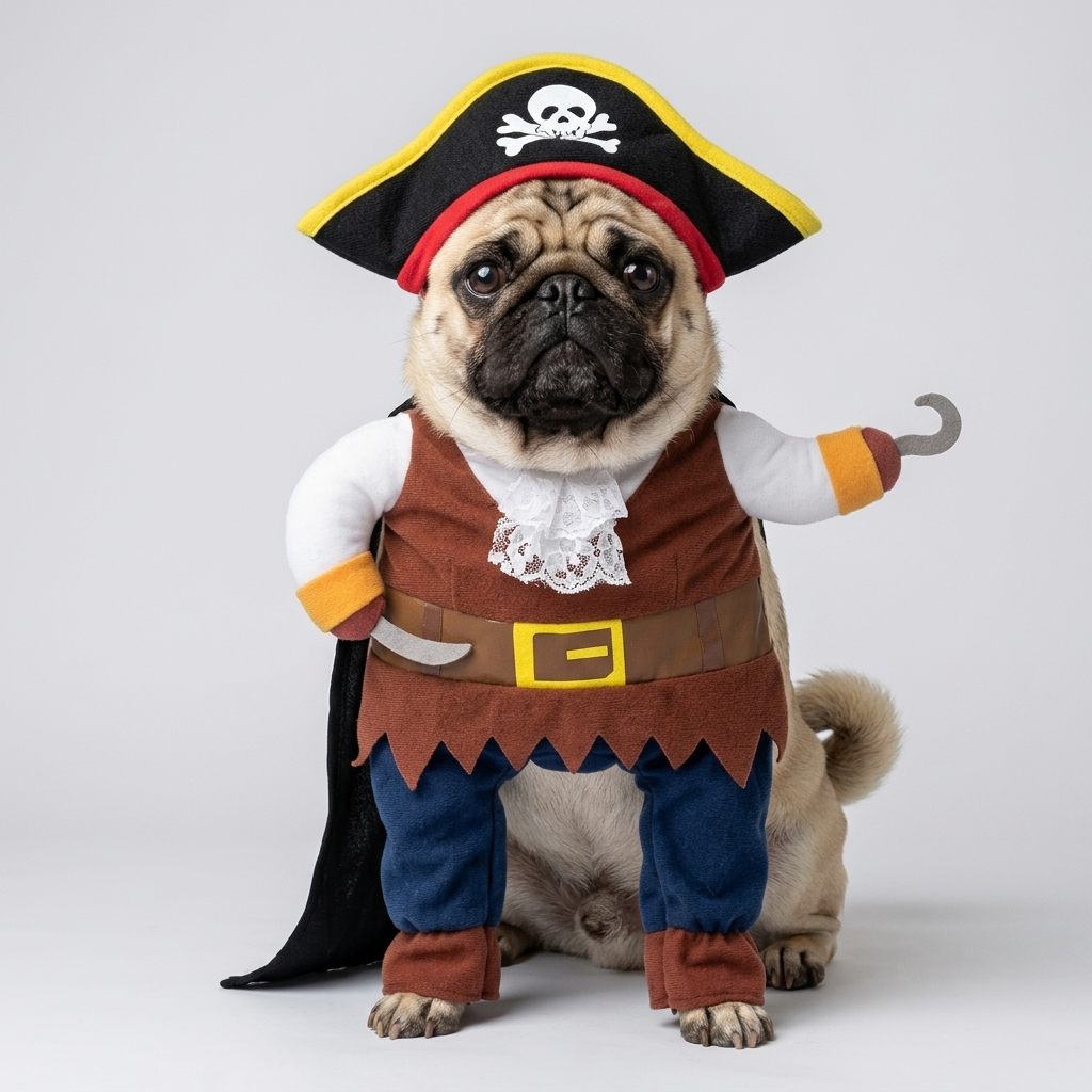 pug in pirate costume with hat