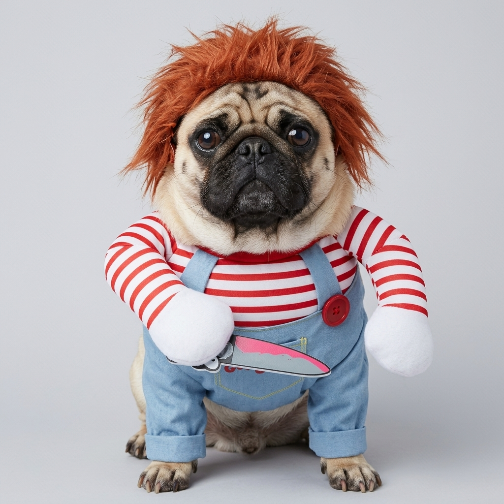 pug costume with prop knife