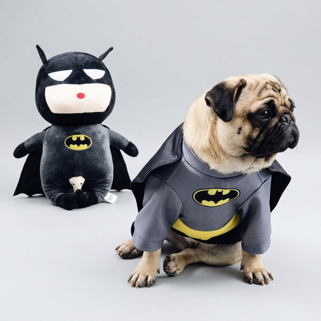 pug superhero costume with black cape