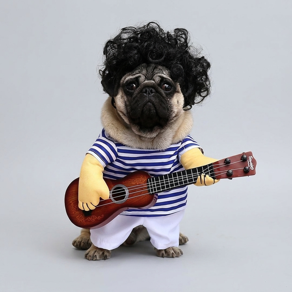 pug in guitarist outfit