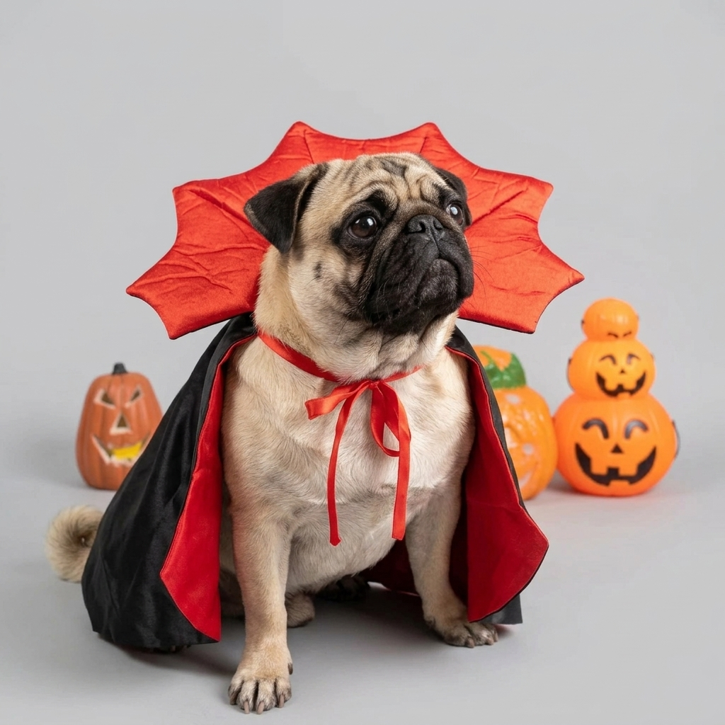 pug in red and black satin cape