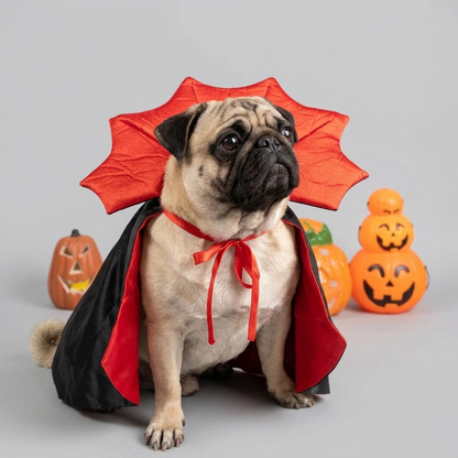 pug in red and black satin cape