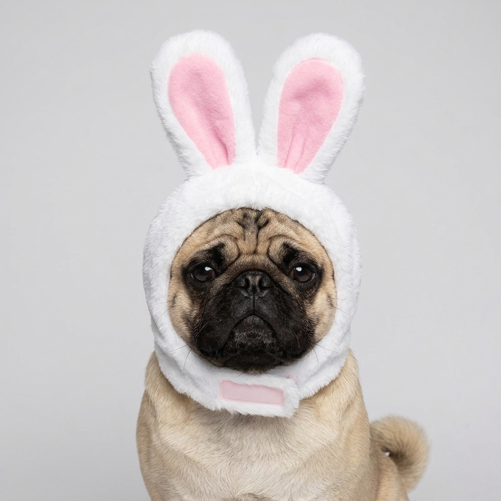 pug wearing plush bunny ears