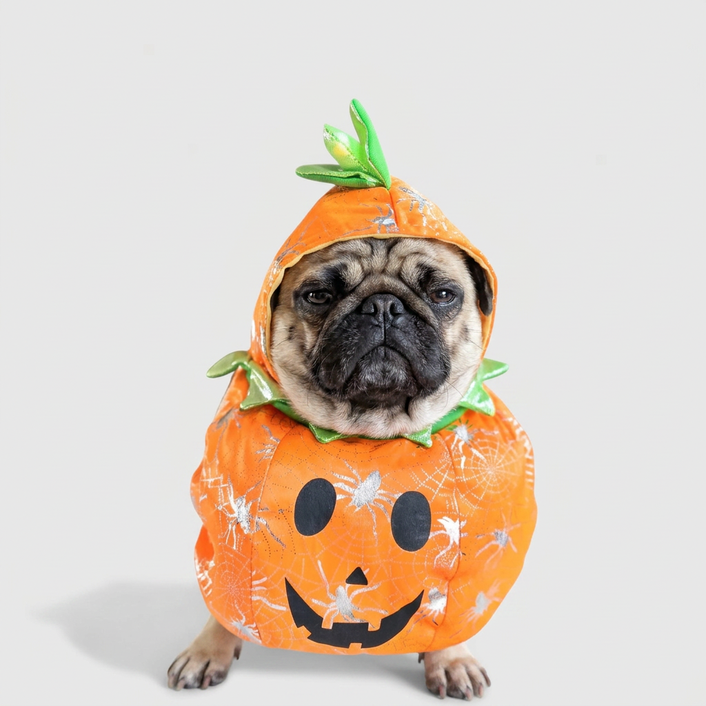 pug in orange pumpkin halloween costume