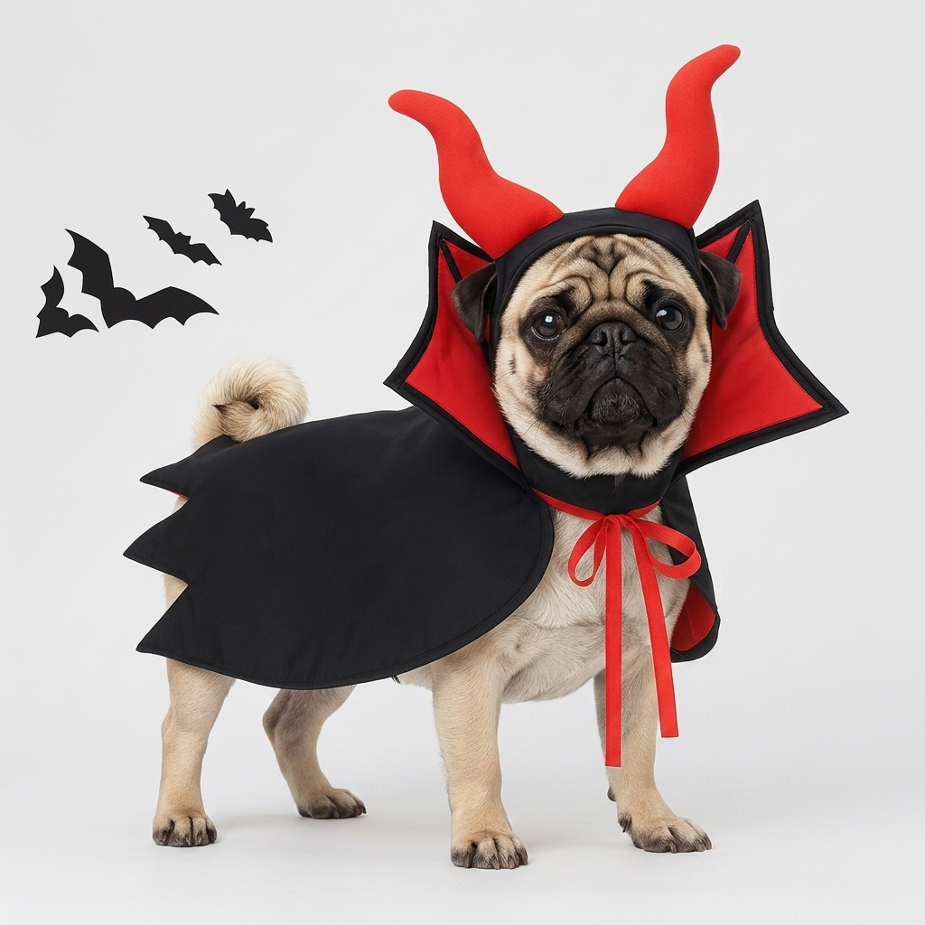 pug in black and red vampire outfit