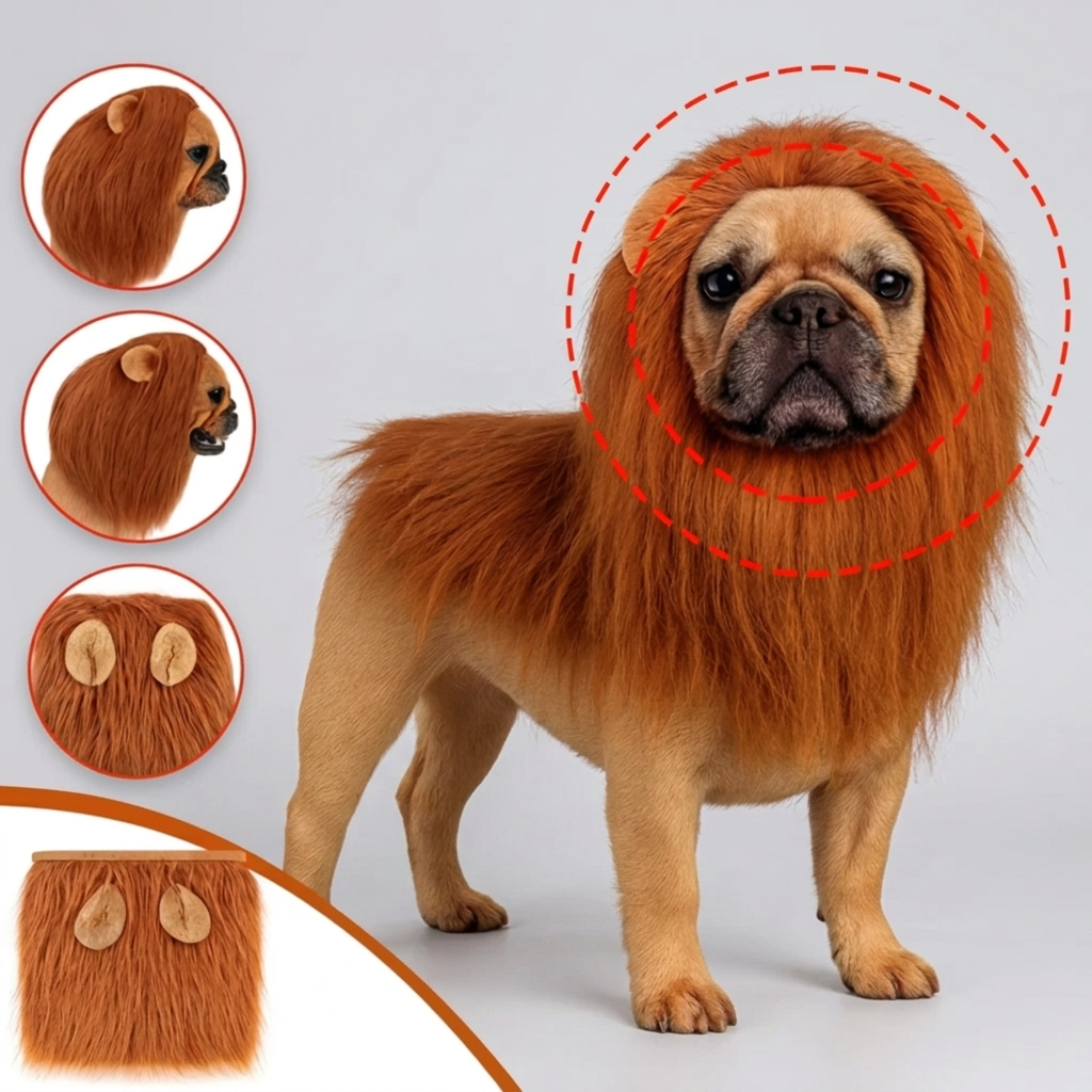 pug wearing faux fur lion mane
