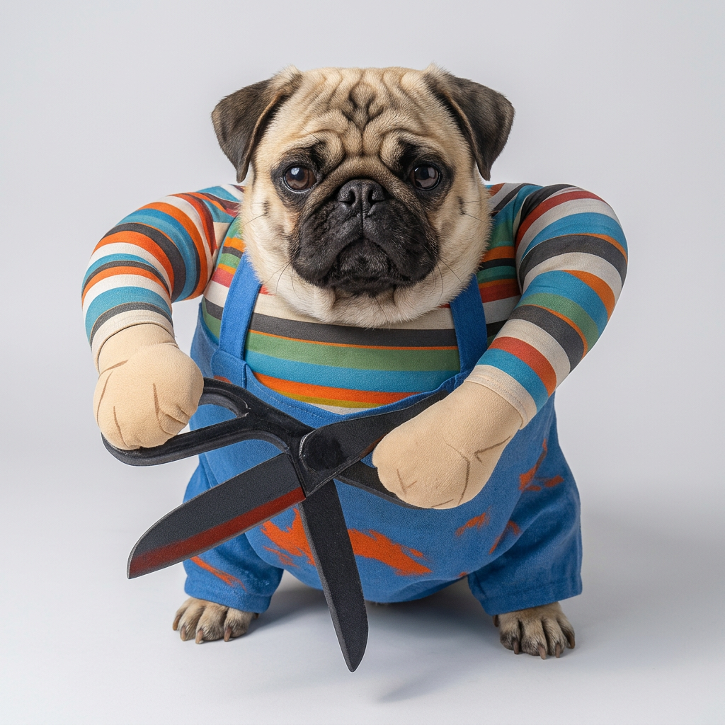 pug costume with prop scissors