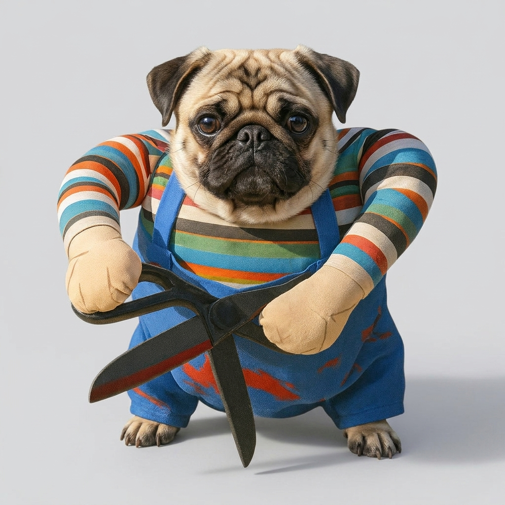 funny pug costume with scissors