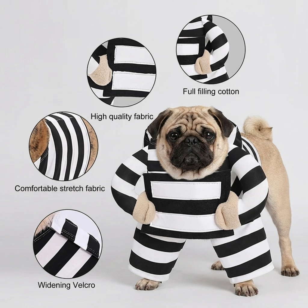 pug in striped prisoner halloween outfit