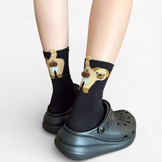 PawPop Women’s 3D Mid-Calf Socks – Butt Cotton Cute Pug Design Socks