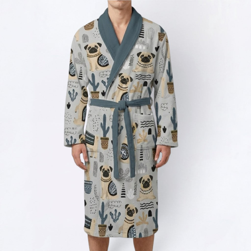 Blue  - men's Bathrobe for Pug  lovers