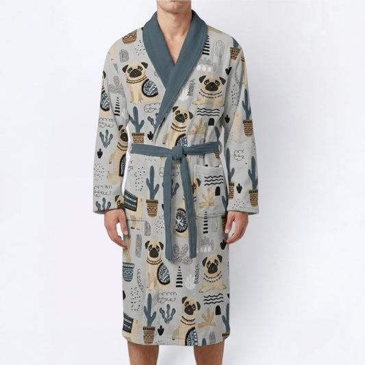 Blue  - men's Bathrobe for Pug  lovers