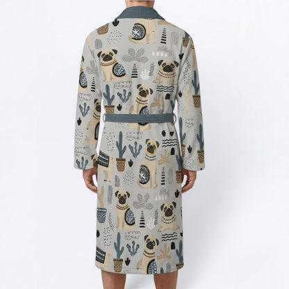 Blue  - men's Bathrobe for Pug  lovers