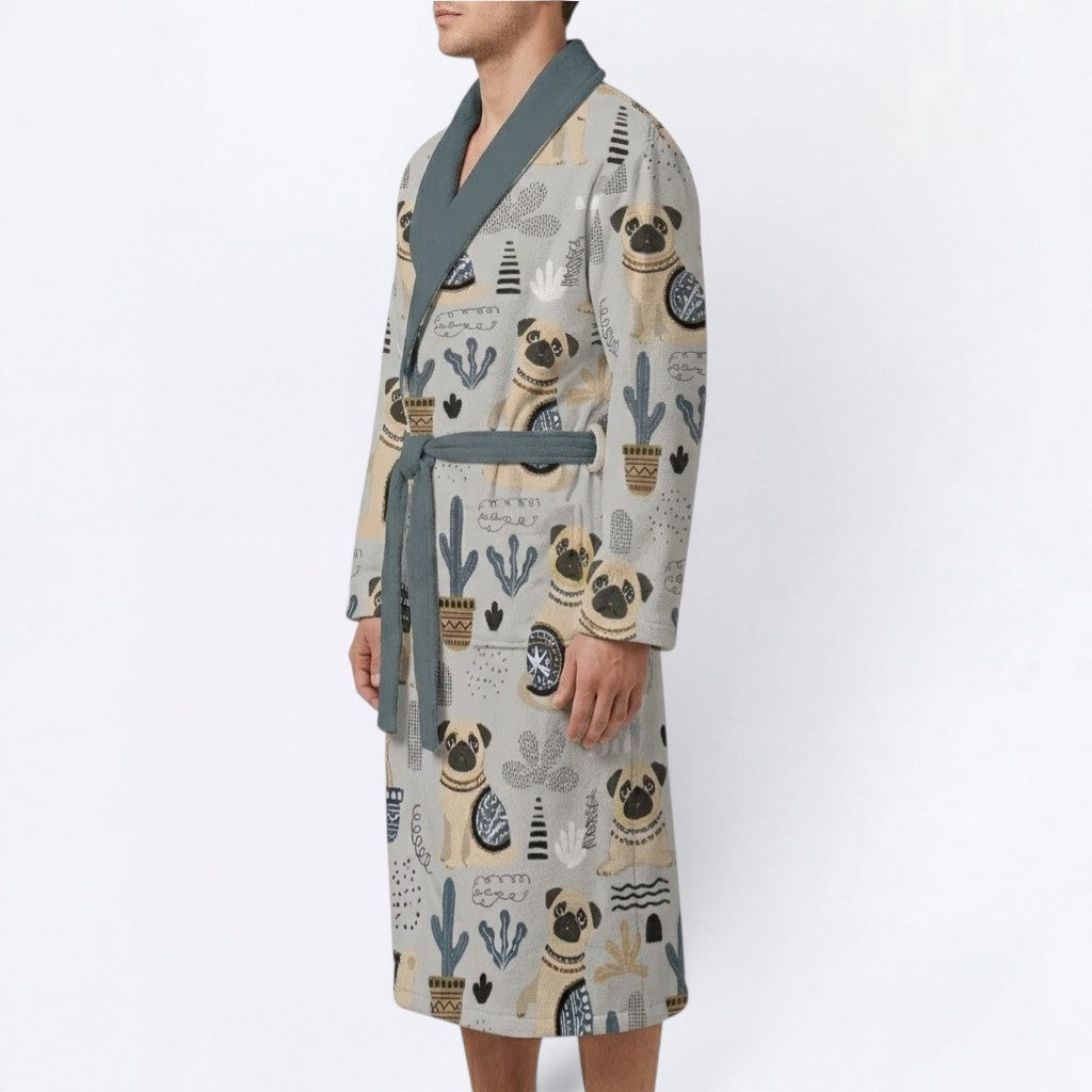 Blue  - men's Bathrobe for Pug  lovers