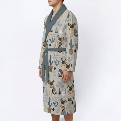 Blue  - men's Bathrobe for Pug  lovers